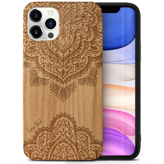 Case Yard Wooden Case Outside Soft TPU Silicone Slim Fit Shockproof Wood Phone Cover for Girls Boys Men and Women Supports Wireless Charging Ornamental Mandala Design case for iPhone-12-Pro-Max