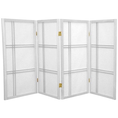 5.5-Feet Open Lattice Bottom Fabric Shade Folding Floor Screen Partition 4 Panel Distressed White Oriental Furniture Fine Quality Room Divider