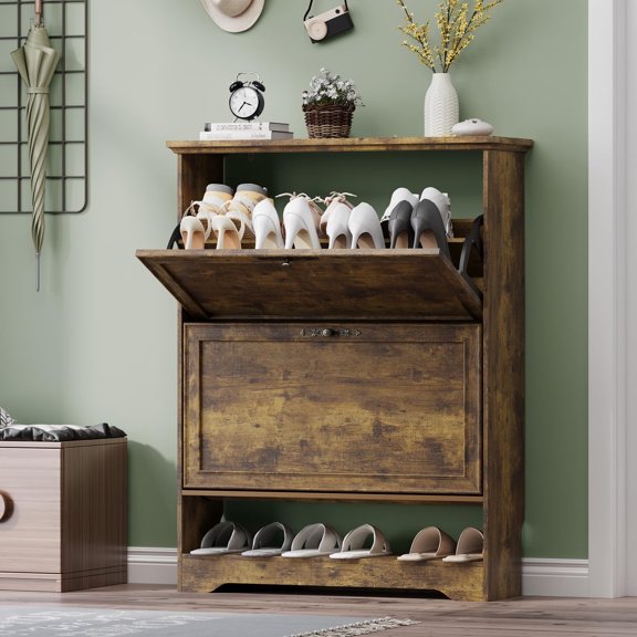 FANRAL Shoe Cabinet with 2 Flip Drawers & Open Storage,Adjustable Shelves Wooden Slim Shoe Storage Cabinet and Rack for Entryway,Brown