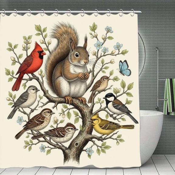 Bird Squirrel Print Shower Curtain,Modern Fabric Waterproof Shower Curtain Set with Hooks 70.8×70.8Inch (180×180cm)