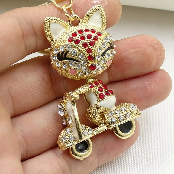 1 piece cute fox scooter keychain shiny rhinestone animal alloy key chain ring bag backpack hanging decoration car key pendant ladies girl gift