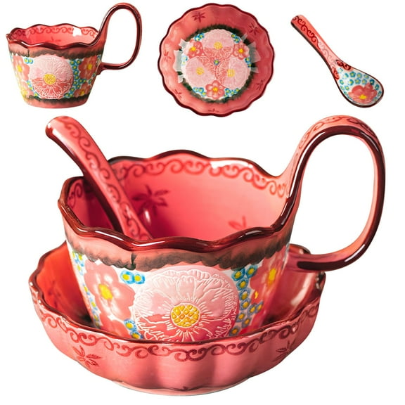 Hand Painted Ceramic Soup Bowl Set, 3-Piece Glazed Pink Floral Cup with Spoon & Plate, Artistic Loop Handle Mug for Breakfast, Snacks, Dessert, Dishwasher & Microwave Safe