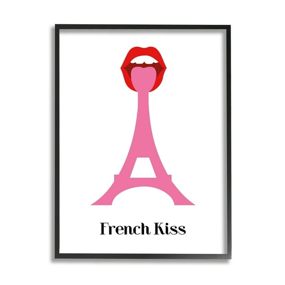 Stupell Industries French Kiss Red Lips over Pink Eifel Tower Abstract Painting Black Framed Art Print Wall Art, 11 x 14