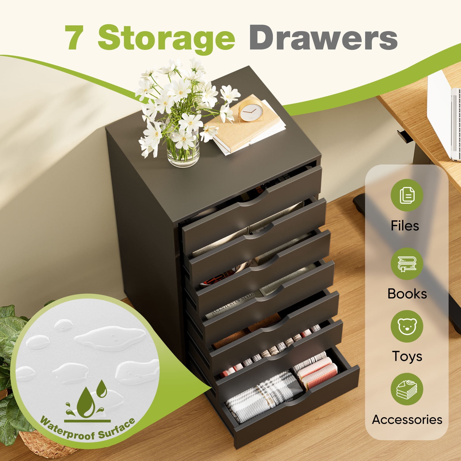 CONCETTA 7-Drawer Wooden Storage Chest, Mobile File Cabinet with Wheels, Versatile Dresser for Home, Office, or Bedroom Organization, Black
