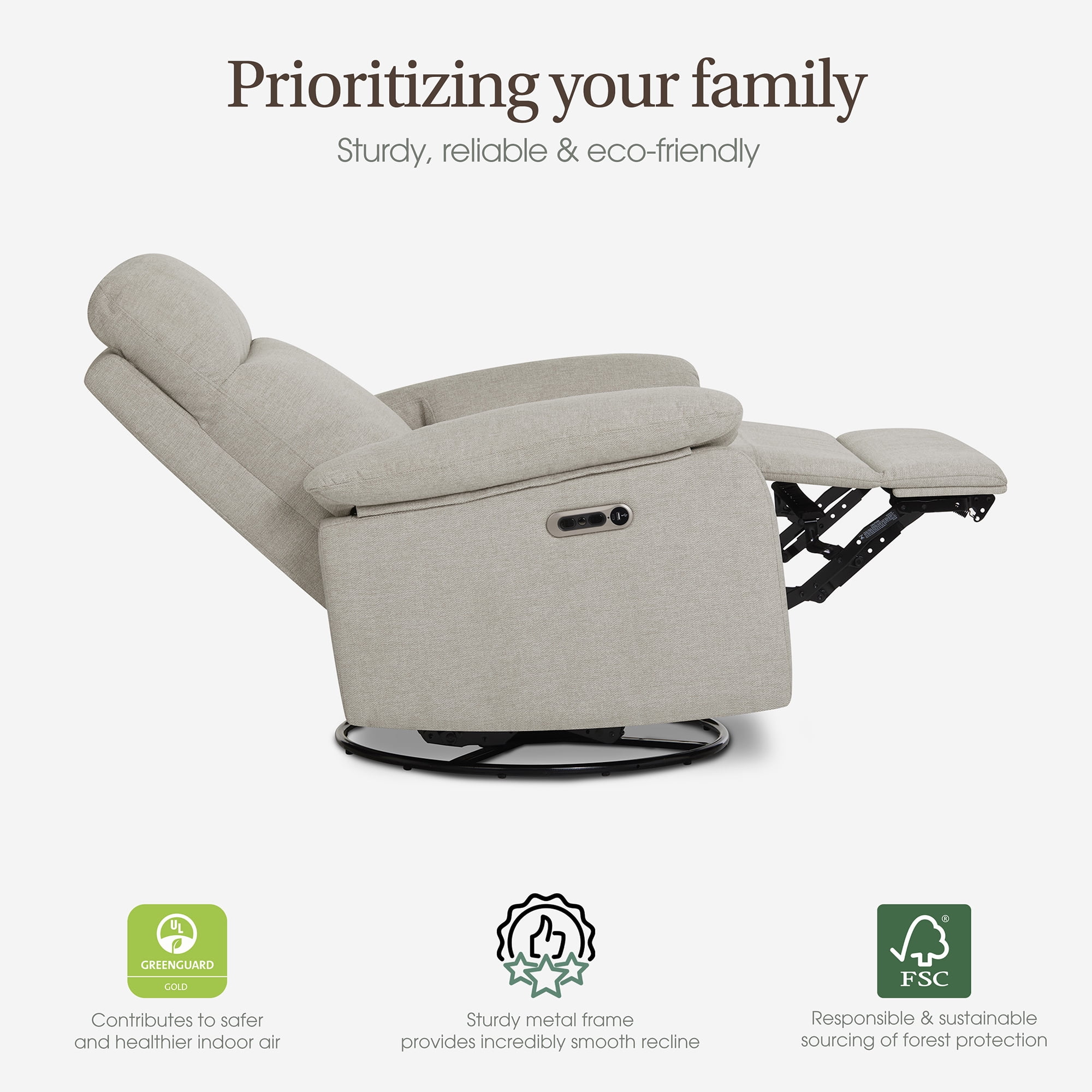 Evolur Asher Deluxe Power Recline Glider, Extra-Wide Nursery Recliner Chair with Adjustable Power Headrest, 275° Swivel, USB-A & USB-C Charging Ports, Ergonomic Lumbar Support, FSC Certified, Beige