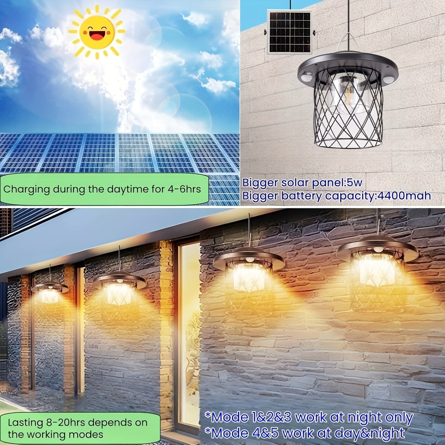 Solar Chandelier Outdoor Chandelier 5W Charging 4400mAh Battery 8-20 Hours Runtime 5 Modes Remote Control Waterproof Heat Cold Resistant Indoor Outdoor Use