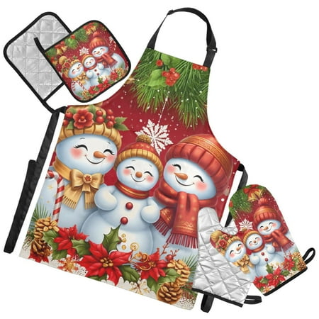Ryvnso Snowman Bell Poinsettia Flower Kitchen Apron Oven Mitts Set Pot Holders
