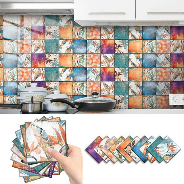 WHEANG Wall Decor Retro Color Tiles Pattern Tile Stickers Home Decor DIY Self Adhesive Crystal Film Wall Stickers Retro Art Kitchen Bathroom Room Decor Wall Stickerswaterproof Sticker