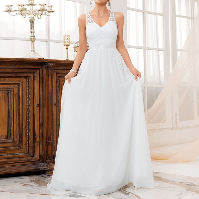 Aqestyerly Robe de Mariée Sans Manches Unie pour Femmes avec Dentelle, Design Col en V, Parfaite pour les Mariages d'Été