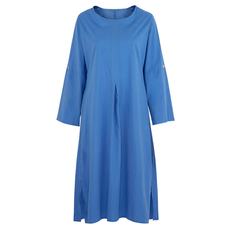 symoid Long Dresses for Women- Fashion Summer Casual Full Sleeve O-Neck  Solid Linen Long Dress Blue XXL 