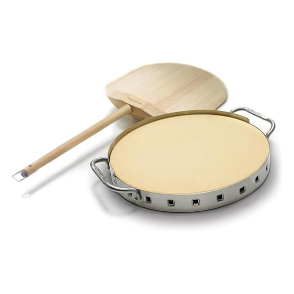 Pizza Stone with Stainless Steel Holder & Peel - 13" Cordierite Pizza Baking Stone - Professional Pizza Kit with Large Handles & Wooden Peel - Oven & Grill Safe