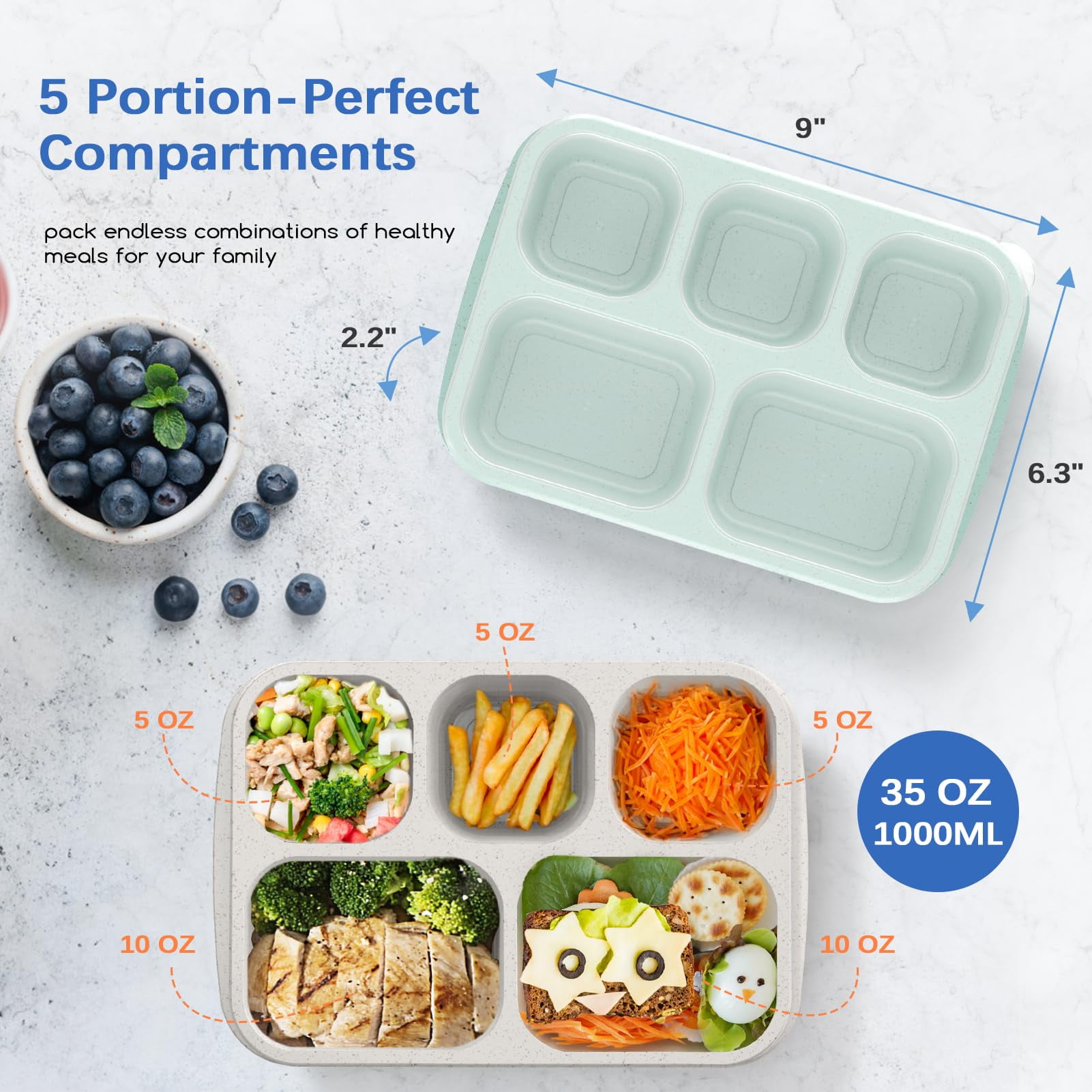 ZUMUSEN Bento Box Adult Lunch Box (4 Pack), 5-Compartment Meal Prep  Container for Kids, Reusable Food Storage Containers with Transparent Lids  