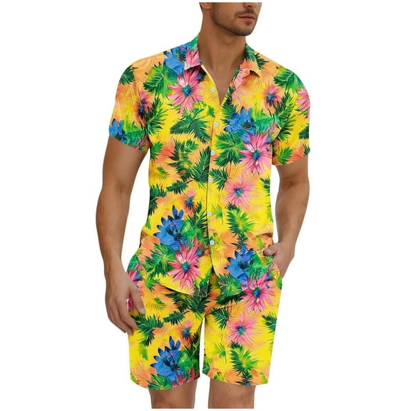 Men's 2 Pieces Shirt Sets Short Sleeve Graphic Print T Shirt and Shorts Set Outfits Summer Casual Holiday Beach Suits for Men