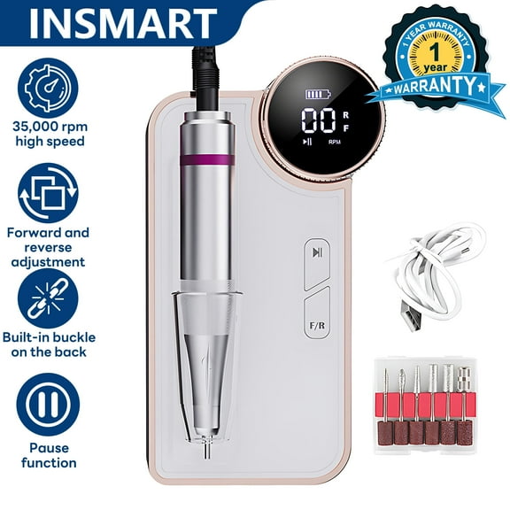INSMART Electric Nail Drill - 35000 RPM, Professional Rechargeable & Cordless Nail File with LCD Display & 8H Battery, Quiet Portable Manicure Kit