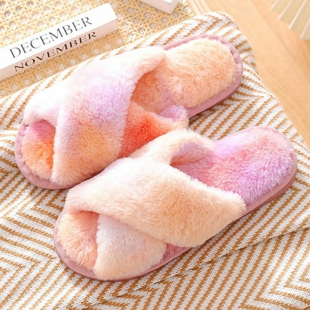 

Womens House Slippers Cross Band Open Toe Soft Plush Fleece Bedroom Slippers Women Memory Foam Comfy Fuzzy Slip On Non-Slip Womens Slippers Indoor Muti-color