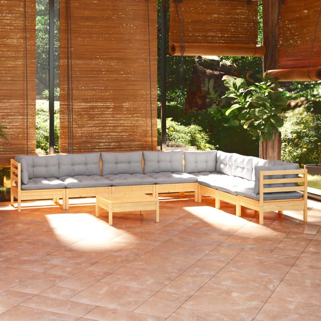 vidaXL 9 Piece Garden Lounge Set with Grey Cushions Solid Pinewood