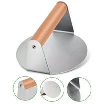 Qissep 5.5 inch Round Non-Stick Stainless Steel Burger Smasher,Wooden Handle,for Kitchen Cooking,Grilling