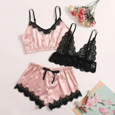 

Sleepwear Pajamas Lace Satin Silk Lingerie Underwear Underwear plus Size Womens Pajamas Open Cup Lingerie Set with Robe Lingerie Set for Women under 10