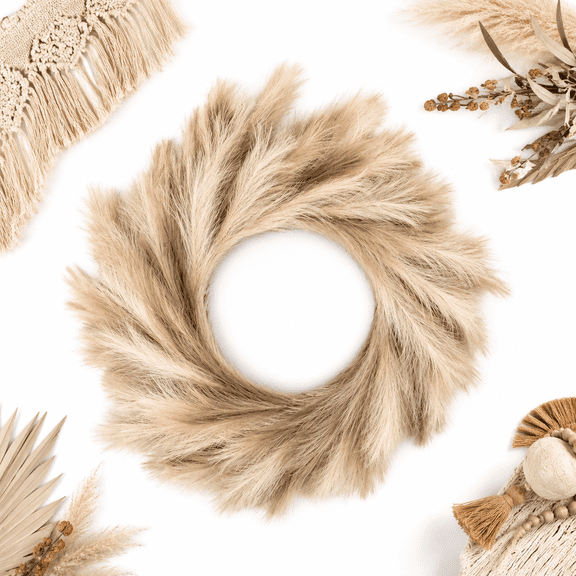TVYTYAT 18" Dried Pampas Grass Wreath - Natural Boho Home Decor, Rustic Wall Hanging for Farmhouse Wedding Decorations