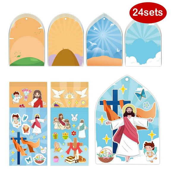 24 Sets Easter Make Your Own Crafts Gifts DIY Handmade Easter Day Gifts Kits Card DIY Handmade Religious Card Kits Jesus Art Craft Hang Card