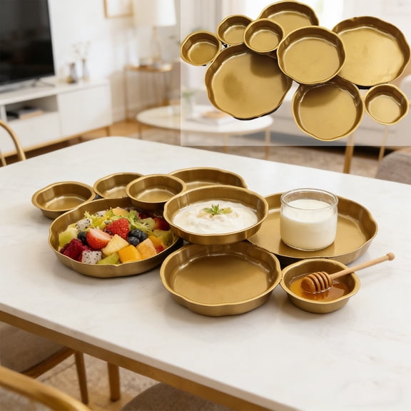 AYktou Cluster 9 Round Serving Trays, Elegant Snacks Tray Compartments Decorative Golden Serving Bowls for Table Gathering Fruit Nut Platter Potato Chip Dip Wedding Home Decor Party Supplise