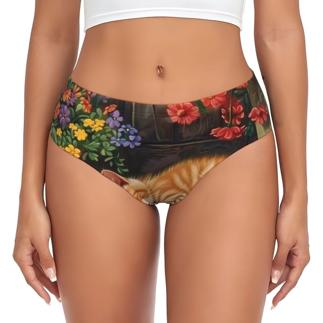 Fotbe Sleeping Cat Flowers Calzones Estampados para Mujer – Ropa Interior de Algodón, Cómoda, Suave y Elástica-X-Small