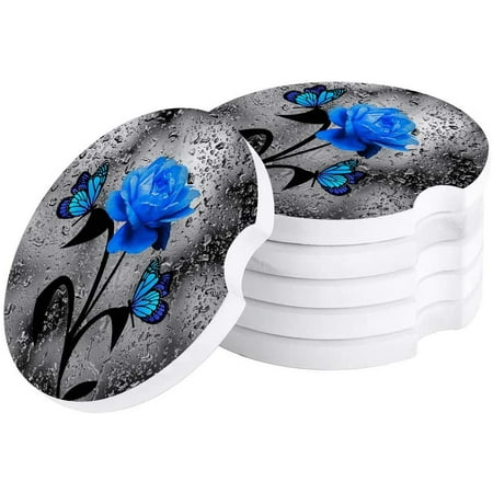

KXMDXA Blue Rose and Butterfly Vintage Glass Set of 2 Car Coaster for Drinks Absorbent Ceramic Stone Coasters Cup Mat with Cork Base for Home Kitchen Room Coffee Table Bar Decor