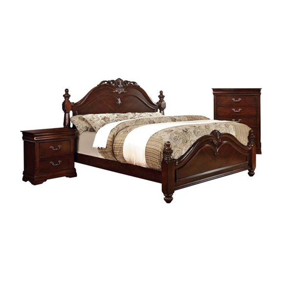 FOA Ruben 3pc Cherry Wood Panel Bedroom Set - Cal King Nightstand Chest