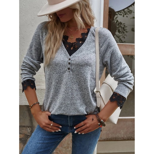 Top De Jersey Para Mujer, Top De Punto Transpirable Para Mujer, Mangas Raglán, Manga Larga, Lavable A Máquina, Costuras De Encaje Para El Día A Día Para Citas ANGGREK No