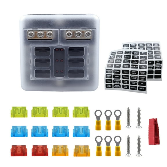 6 Way Blade Fuse Block Fuse Box Holder with Led Indicator for Automotive Truck Boat Marine RV Van Yacht Vehicle