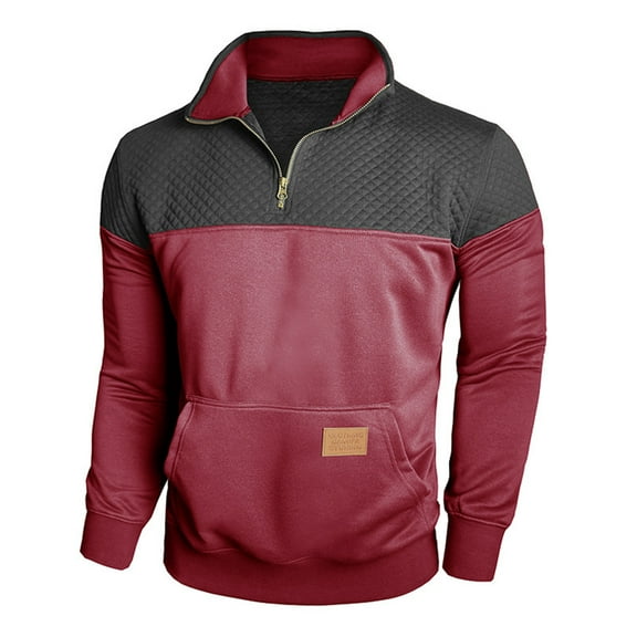 Lorytime Mens Sweatshirts with Pockets Color Block Pullover Mock Neck Half Zipper Long Sleeve Tops Outerwear Red L