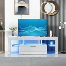 White TV Stand for 55 Inch TV, Modern High Glossy TV Cabinet with 16 Colors LED Lights, Living Room Corner TV Console Table with Storage Drawers and Shelves, Entertainment Center, 51" x 14" x 18", J4069