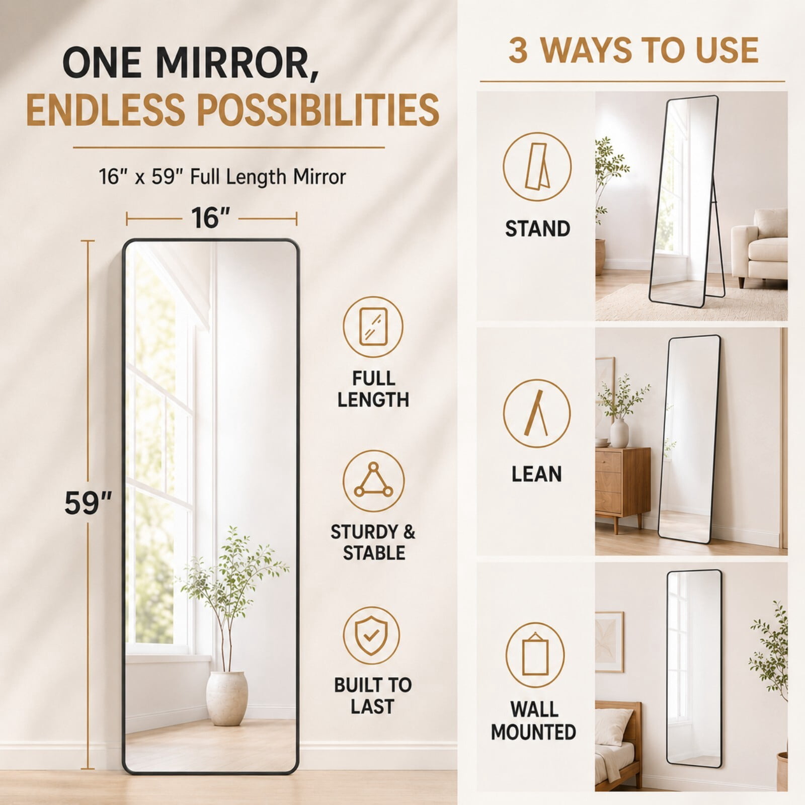 Easy4Home 59"x16" Rectangular Full Length Mirror Round Corner Freestanding Wall Mirror with Metal Frame, Black