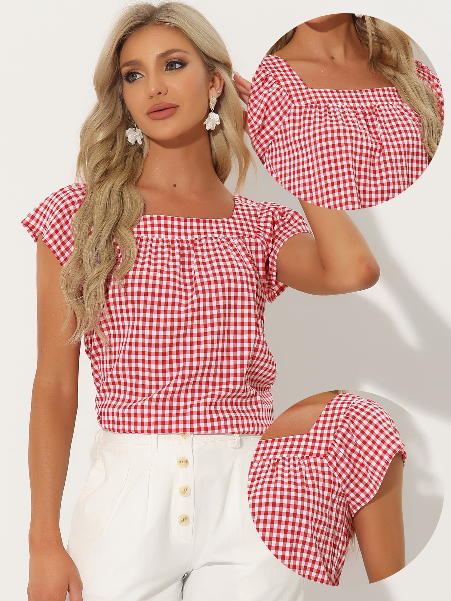 DARING DIVA Women's Summer Square Neck Gingham Cap Sleeves Blouses XL Red