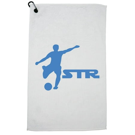 Very Cool Striker Soccer Player Kicking Ball Silhouette Golf Towel with Carabiner