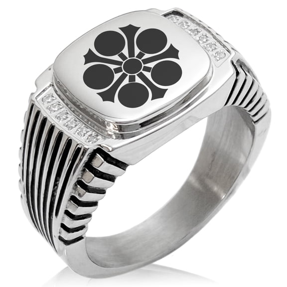 Stainless Steel Sagara Samurai Crest CZ Ribbed Needle Stripe Pattern Biker Style Polished Ring