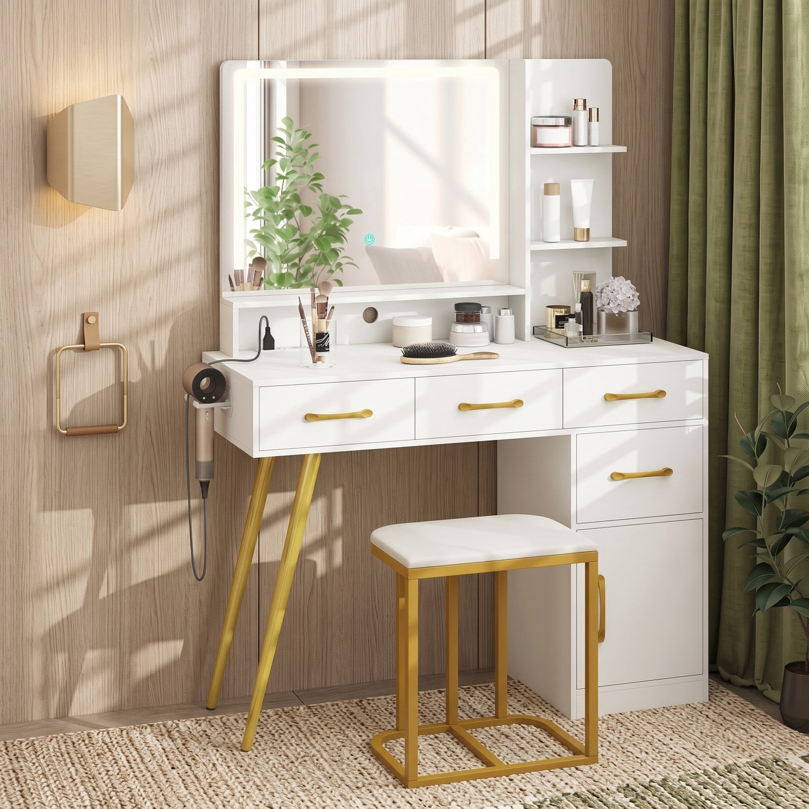 Furnibear Vanity Desk with Mirror and Lights, Makeup Vanity Table and Stool Set with Adjustable Brightness and Charging Ports for Bedroom, White