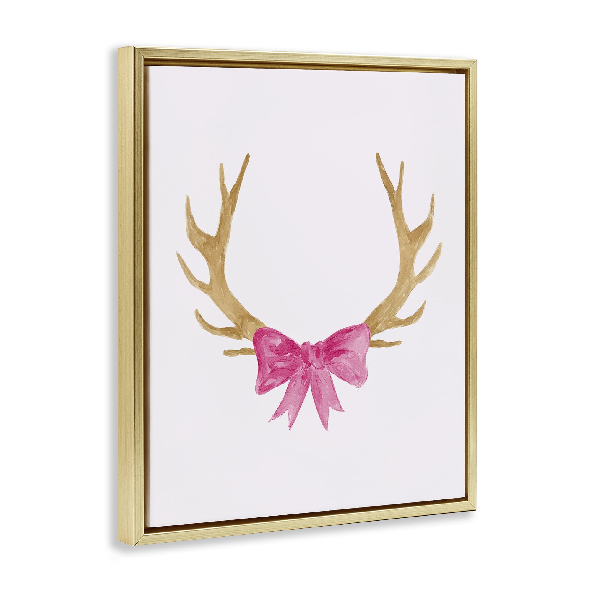 Stupell Industries Bow On Deer Antlers Animals Painting Gold Floater Framed Canvas Art Print Wall Art, 25 x 31