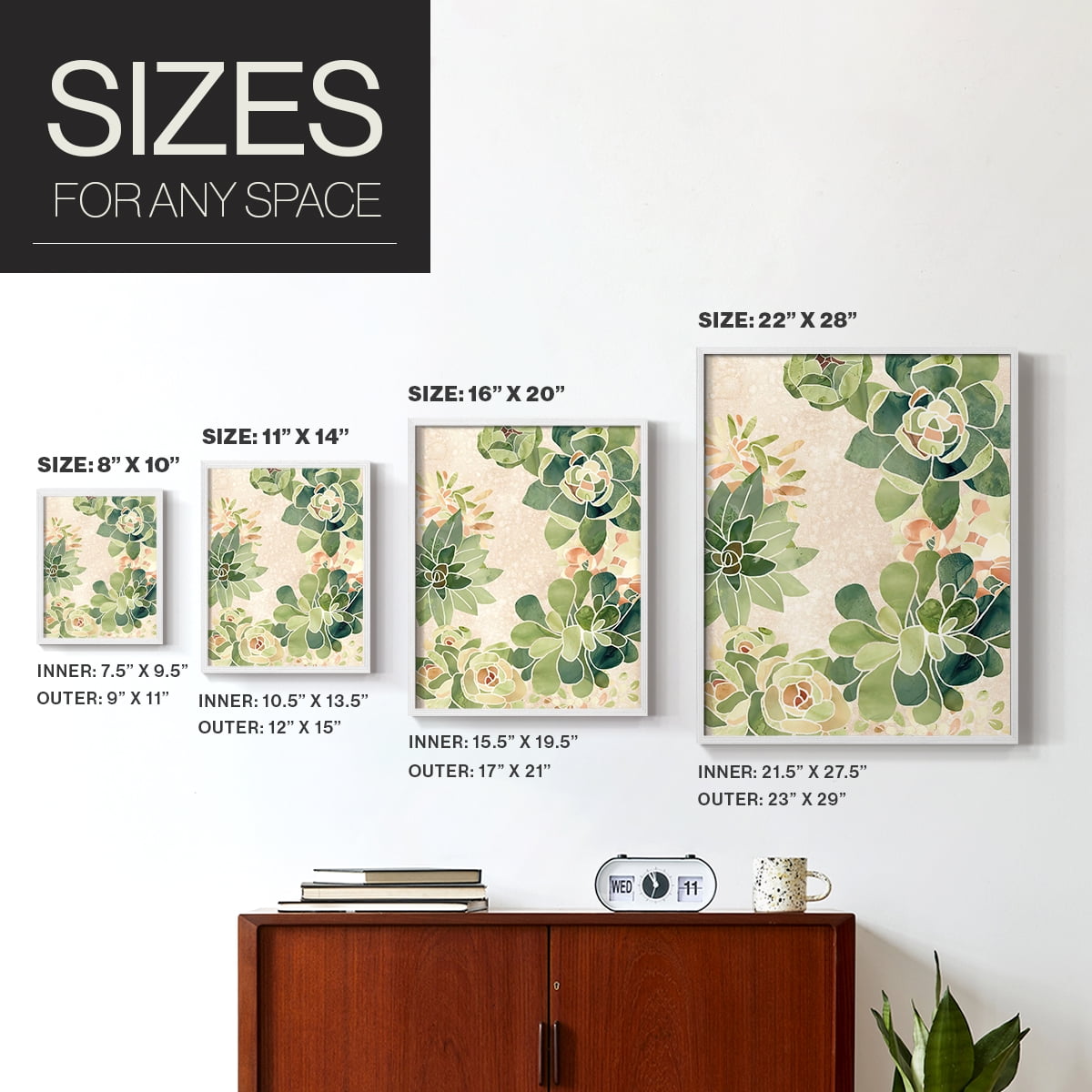 Stained Glass Succulents II Framed Print in White Solid Wood Framed Print No Nail Hanging