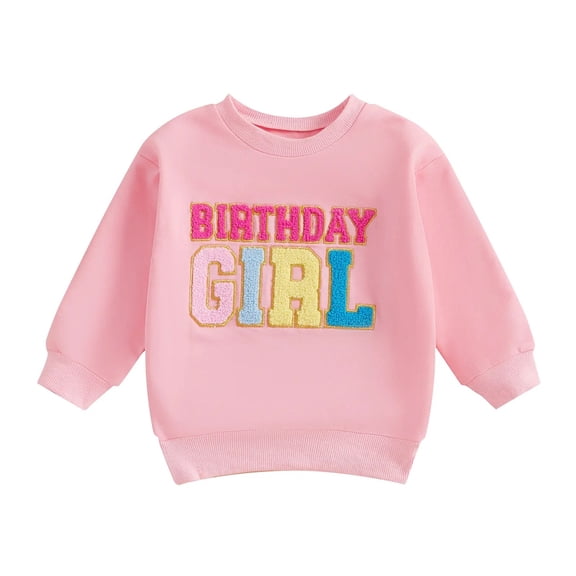 FINALGANG Girls Kids Casual Long Sleeve Sweatshirt Birthday Colorful Letter Embroidery Crewneck Loose Fit Pullover For Casual Daily Wear Pink 2-3 Years
