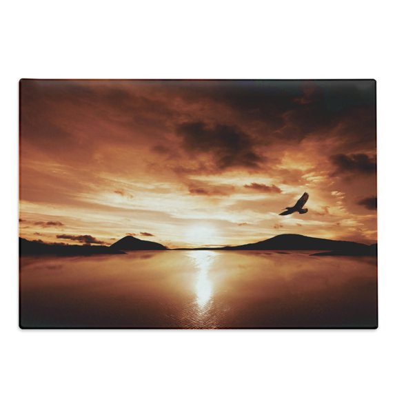 Birds Cutting Board, SeBird Flies Off into the Sunset Cloudy Sky Sun Reflection on Surface, Decorative Tempered Glass Cutting and Serving Board, Large Size, Brown Yellow, by Ambesonne