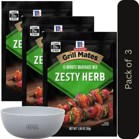McCormick GRILL MATES Zesty Herb Marinade Seasoning Mix, 3 Pack (1.06 oz Each) – with Bowl by OMA