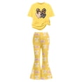 thumbnail image 4 of Girl's 2 Piece Pants Set Summer Outfit Matching Sets Size 12 Graphic Short Sleeve Tops and Bell Bottom Flare Leg Pants(Size 8-9 Years,Yellow), 4 of 5