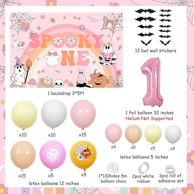Groovy Halloween Birthday Decorations Pink Spooky One Backdrop Number 1 Foil Balloon 3D Bat Stickers Hippie Flower Ghost Printed Balloon Garland Arch Kit for Girls First Birthday Party Supplies