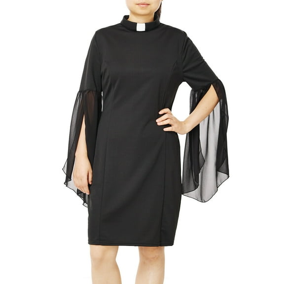 GRACEART Women Clergy Pencil Dress with Split Flared Sleeves Priest Dress with Tab Collar