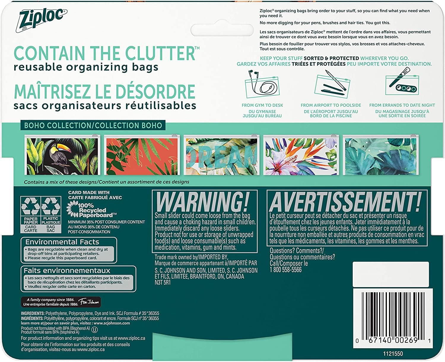 Ziploc Sacs réutilisables pour voyages, maquillage et accessoires, Idéals pour l'organisation à l'école ou à la maison, Collection bohème, Pour articles minces, Emballage de 5 Collection bohème