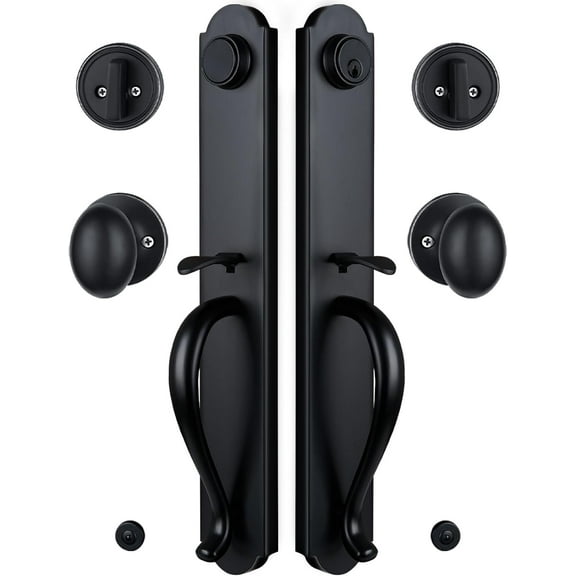 Matte Black Double Front Door Handleset in Camelot Trim, Heavy Duty Keyed &Dummy Exterior Door Lock Set with Deadbolt and Konb, Right & Left Handed, 17.52'' Length, X-2018DB-SET