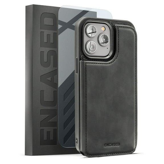 Encased Flip Wallet Compatible with iPhone 14 Pro Max Case with Card Holder Folio and Wrist Strap (Screen Protector Included)