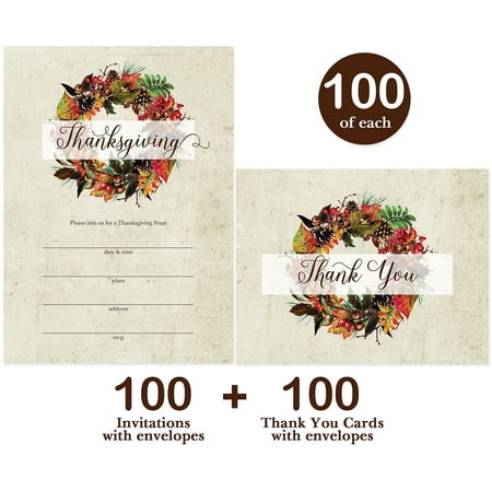 Thanksgiving Dinner Invitations ( 100 ) & Thank You Cards ( 100 ) Matched Set with Envelopes Best Value Large Family Meal Church Community Banquet Gatherings Fill-In Invites & Thank You Notes