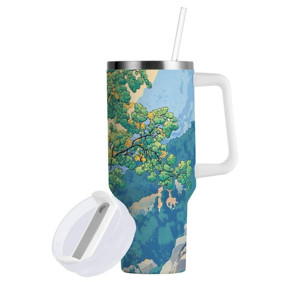 Yayeee 40oz Double-Wall Insulated Stainless Steel Tumbler with Handle Bottle, Beige Tree